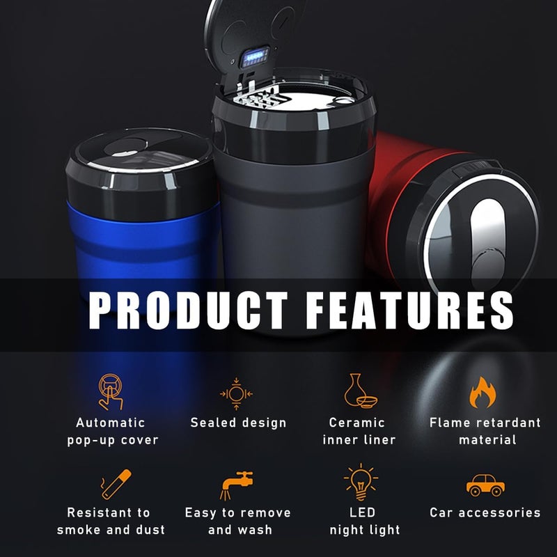 Yourkar Car Ashtray, Portable Smokeless Cylinder Cup Holder Ash Tray, Smokeless Auto Ash Tray with Lid & LED Blue Light for Most Vehicles, Universal Interior Car Accessories (Blue, Large) - Image 3